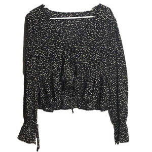 Women’s Black and Tan Print Tie Blouse